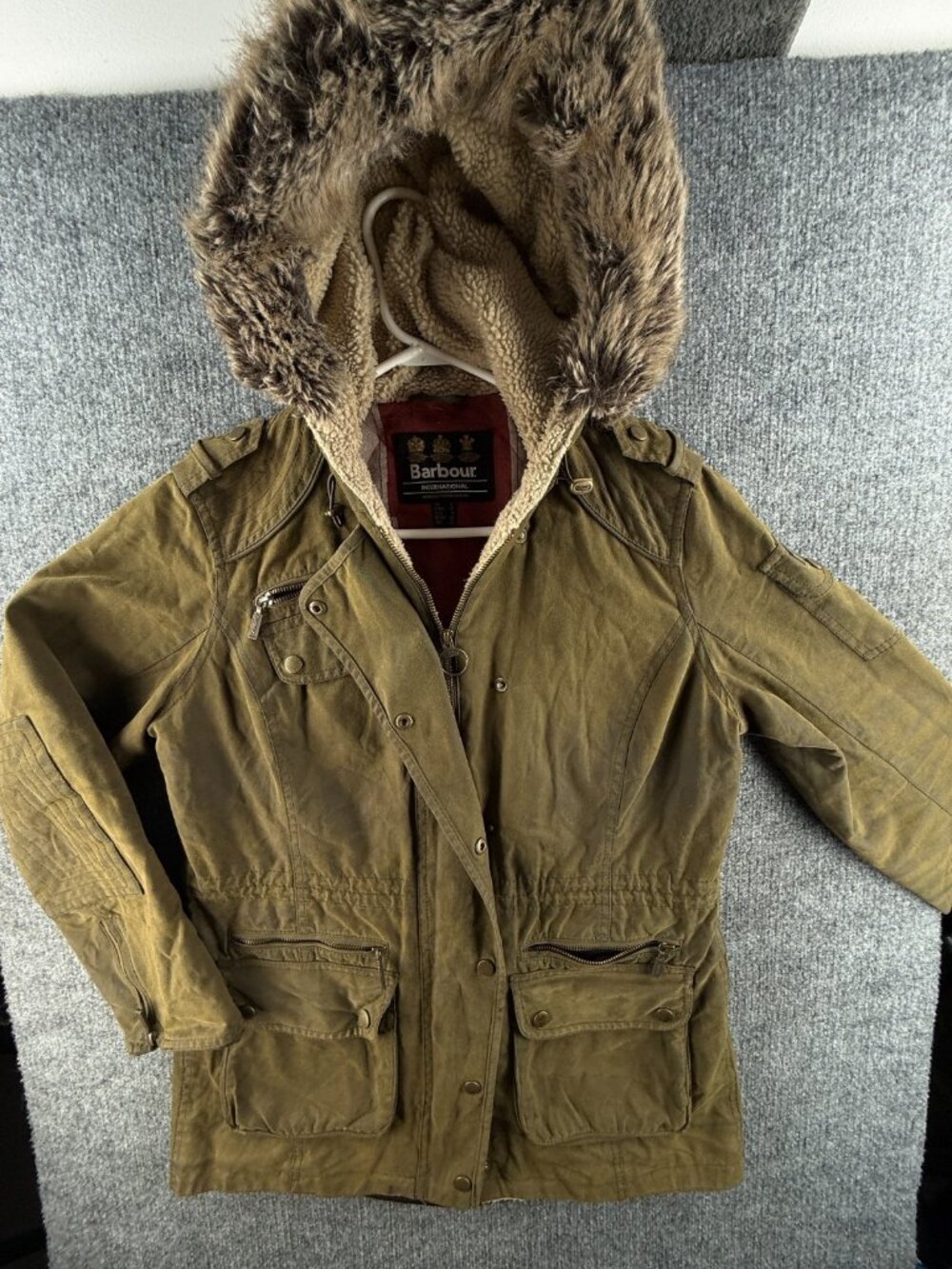 Barbour Camien Parka International Size 8 US Waxed Jacket Women Zip Green Hooded